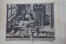 Still life with skull, sandglass, books, and artist's utensils
