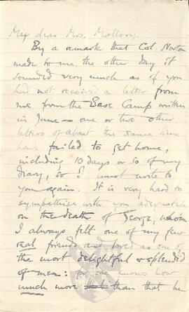 Letter of Condolence from Howard Somervell to Ruth Mallory