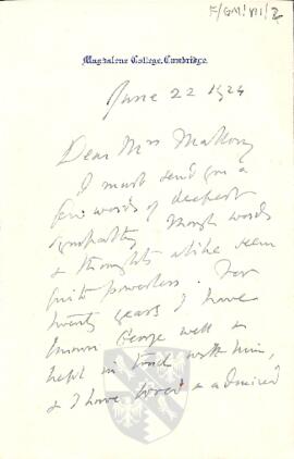 Letter of Condolence from A. C. Benson to Ruth Mallory