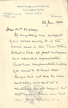 Letter of Condolence from Arthur Hinks to Ruth Mallory