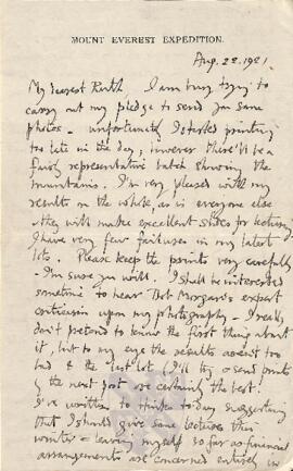 Letter from George to Ruth Mallory, 22 August 1921 [confirms North Col route to summit]