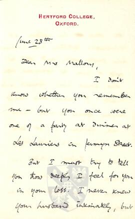 Letter of Condolence from D. Dennington to Ruth Mallory