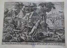 Christ as the Good Shepherd defending his sheep against wolves