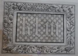 Calligraphic letters k, l, m, in an ornamental border