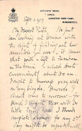 Letter from George to Ruth Mallory, 1 September 1917