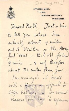 Letter from George to Ruth Mallory, c. 31 August 1917